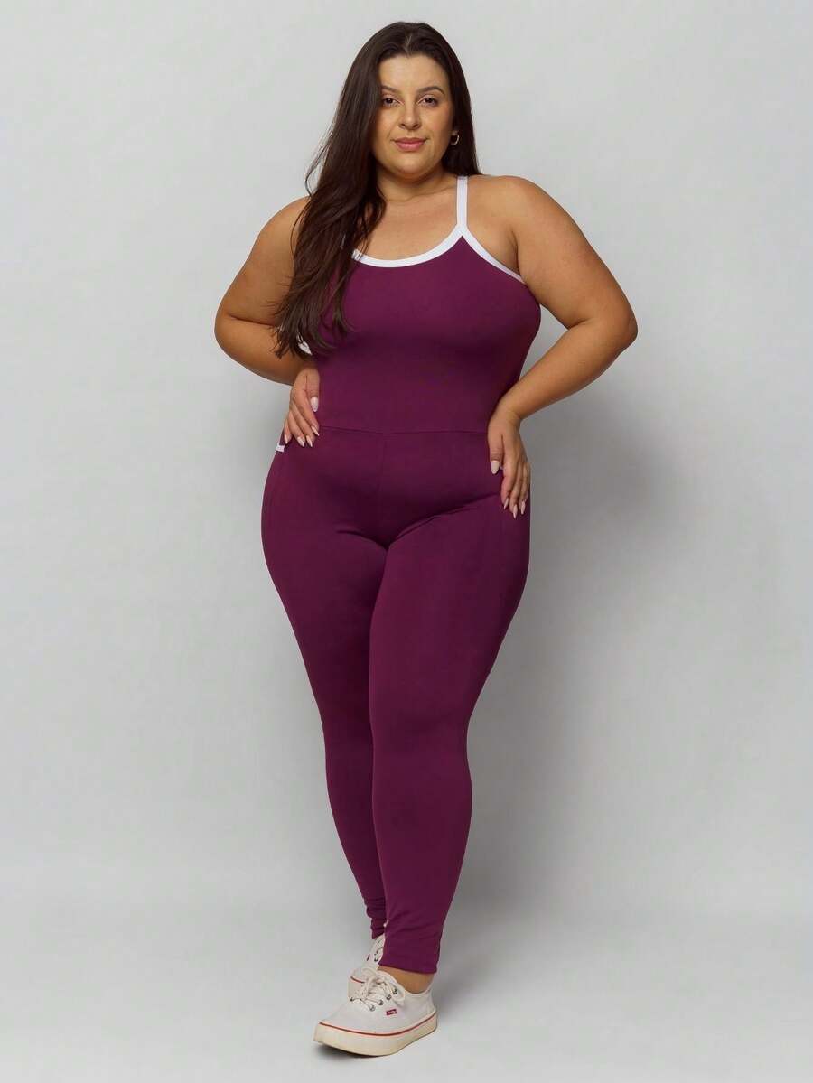 Plus Size Fitness Jumpsuit With Pocket 11312 - 酒紅色 - 查看 1