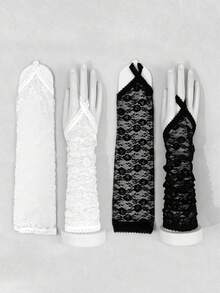 1 par de guantes cortos sin dedos de encaje y rhinestone, adecuados para boda, baile de graduación, fiesta, guantes finos para vestidos formales, viajes, festivales - Multicolor - Ver 14
