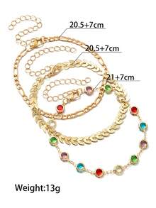 Cadena de hojas de estilo oceánico de moda con strass de colores, tobillera ajustable de varias capas, adecuada para mujeres (color de strass aleatorio) - Multicolor - Ver 4