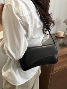 Borsa alla moda con patta asimmetrica, colore unito, stile vintage minimalista ed elegante - nero - Visualizzare 6