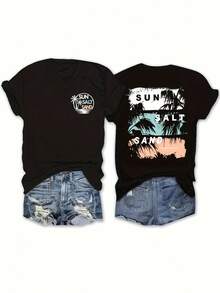 Plus Size - Plus Size - Fashion Reversible Short Sleeve T-Shirt With Letter And Coconut Tree Print, Crew Neck, Plus Size, Spring Outfit - Black - View 6