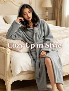 1pc Coral Fleece Turtle Shell Pattern Hooded Bathrobe, Length 130cm/51.18in, Unisex Loungewear, Soft, Absorbent, Suitable For Home, Hotel, Salon, Gift - Navy Blue - View 8