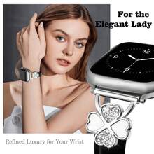 皮革錶帶，適用於 Apple 38mm/40mm/41mm/42mm/44mm/45mm/46mm/49mm - 超薄精緻、防汗舒適 - 極簡優雅時尚 - 鑽石設計 - 相容 Apple Series 10/9 Ultra/SE/8/7/6/5/4/3/2/1 - 替換錶帶配件 - 黑+銀扣 - 查看 6