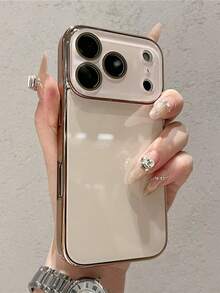 Ốp lưng điện thoại mạ điện bóng cao cấp, tương thích với iPhone 17 Pro Max, 16, 15, 14, 13, 12, 11 Pro Max. Thiết kế đơn giản, màu trơn, mặt kính trong suốt bảo vệ ống kính, chống sốc, viền cứng chắc chắn. - Vàng sâm panh - Xem 5