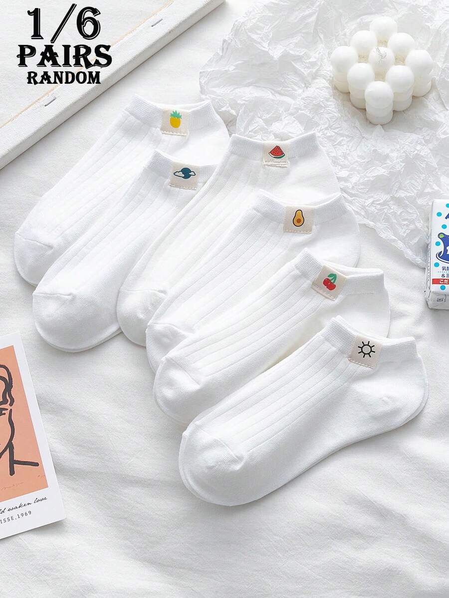1/6 Pair [Random Delivery] Japanese Minimalist Vertical Stripe White Socks, Cute Fruit Cartoon Fabric Label Low Vamp Socks, Fresh Interesting Pattern Label, Breathable Women Short Socks, Fashion, Comfortable Material, Essential For Daily Outfit - White - View 1
