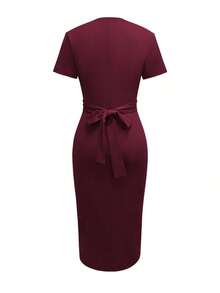 Vestido ajustado de color sólido para mujer, cuello en V elegante, abertura con botones, ideal para oficina y casual, primavera y verano - Burdeos - Ver 5