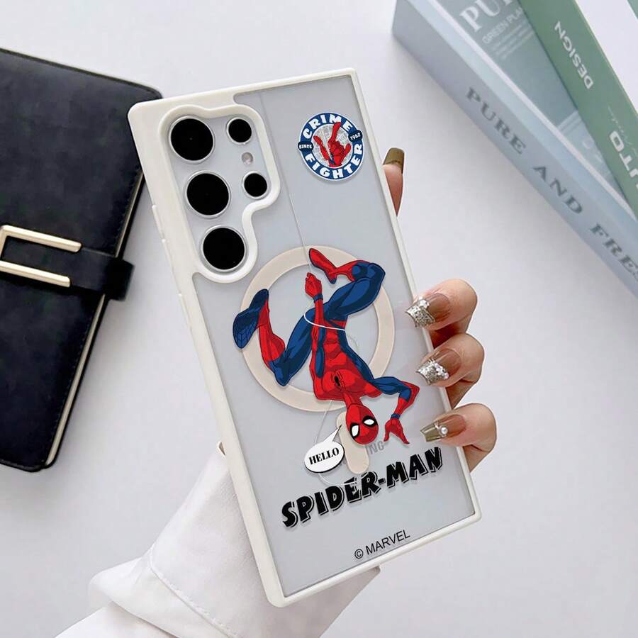 Miniso 1pcs Marvel Spider-Man Crime Fighter Retro Upside-Down Pose With Hello Bubble Design Phone Case Transparent Magnetic Shockproof Case Suitable For Samsung S26 Ultra/S26 Plus/S26/S25 Ultra/S25 Plus/S25/S24 Ultra/S24 Plus/S24/S23 Ultra/S23 FE/S23 Plus/S23/S22Ultra/S22 Plus/S22 Stocking Stuffers The Girlfriend - trắng - Xem 1