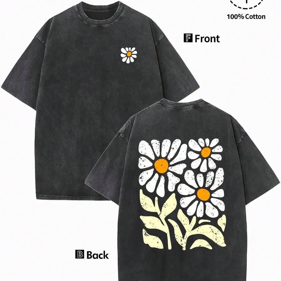 2026 Summer New Heavyweight Pure Cotton Washed Vintage T-Shirt Men'S Vintage Wash Pattern Printed T-Shirt - Floral Print Design, Vintage Wash Appearance, Round Neck Short Sleeve, 230g Washed Cotton, Summer Comfort Casual T-Shirt, Regular Version, Machine Washable Men Clothing For Men And Women, Washed T-Shirts, Street Fashion Brand Washed T-Shirts - 黑色 - 查看 1