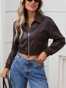 Chaqueta corta de motociclista de cuero sintético para mujer, prenda exterior casual para primavera y otoño - Chocolate - Ver 4