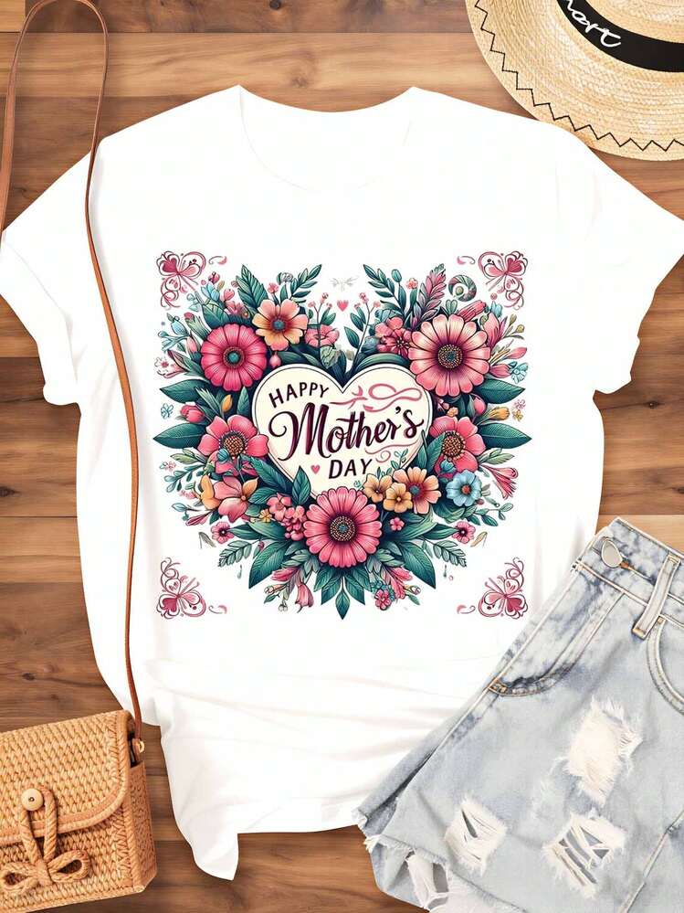 Floral Heart Design T-Shirt For Mother's Day, Gift For Women, Casual Summer Top - White - View 4