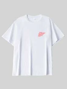 1 Piece, 100% Cotton. A Loose-Fitting Short-Sleeved Crew Neck Summer T-Shirt, 100% Cotton. Plus Size Spring/Summer Tops, 100% Cotton, Women's Short-Sleeved T-Shirt, Colorful Sunshine In My Heart Print, Solid Crew Neck, Soft And Comfortable, Casual, Streetwear, Y2K, Beach, Graduation, Vacation, Top, Summer, Spring, T-Shirt, Summer Style T-Shirt. - White - View 5