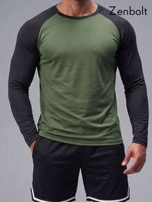 Zenbolt Men's Raglan Crew Neck Long Sleeve T-Shirt, Classic Casual Fit, Comfortable & Versatile, Suitable For Daily Wear, Outdoor Activities, Casual And Relaxation Occasions - Military Green - View 2