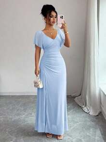 sfvsElenzga Vestido morado claro con cuello en V, mangas con volantes, cintura plisada y abertura, vestido elegante de dama de honor, vestido de fiesta, primavera/veranovfdw 42OE - Azul - Ver 1