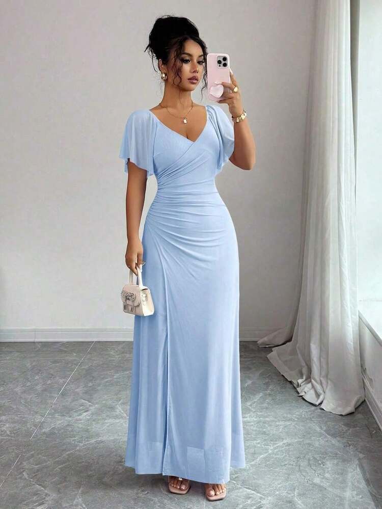 Vestido morado claro con cuello en V, mangas con volantes, cintura plisada y abertura, vestido elegante de dama de honor, vestido de fiesta, primavera/verano - Azul - Añade 1