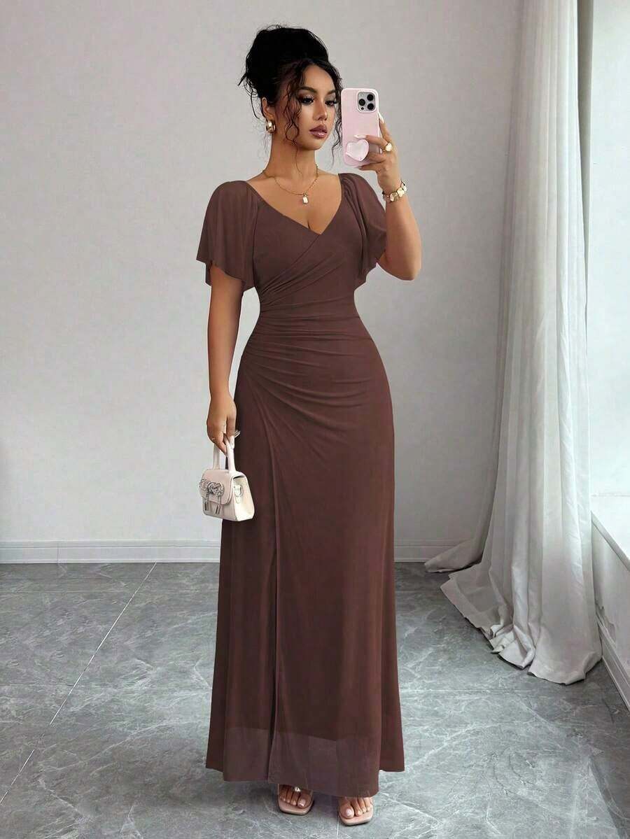 Elenzya Vestido morado claro con cuello en V, mangas con volantes, cintura plisada y abertura, vestido elegante de dama de honor, vestido de fiesta, primavera/verano - Marrón - Ver 1