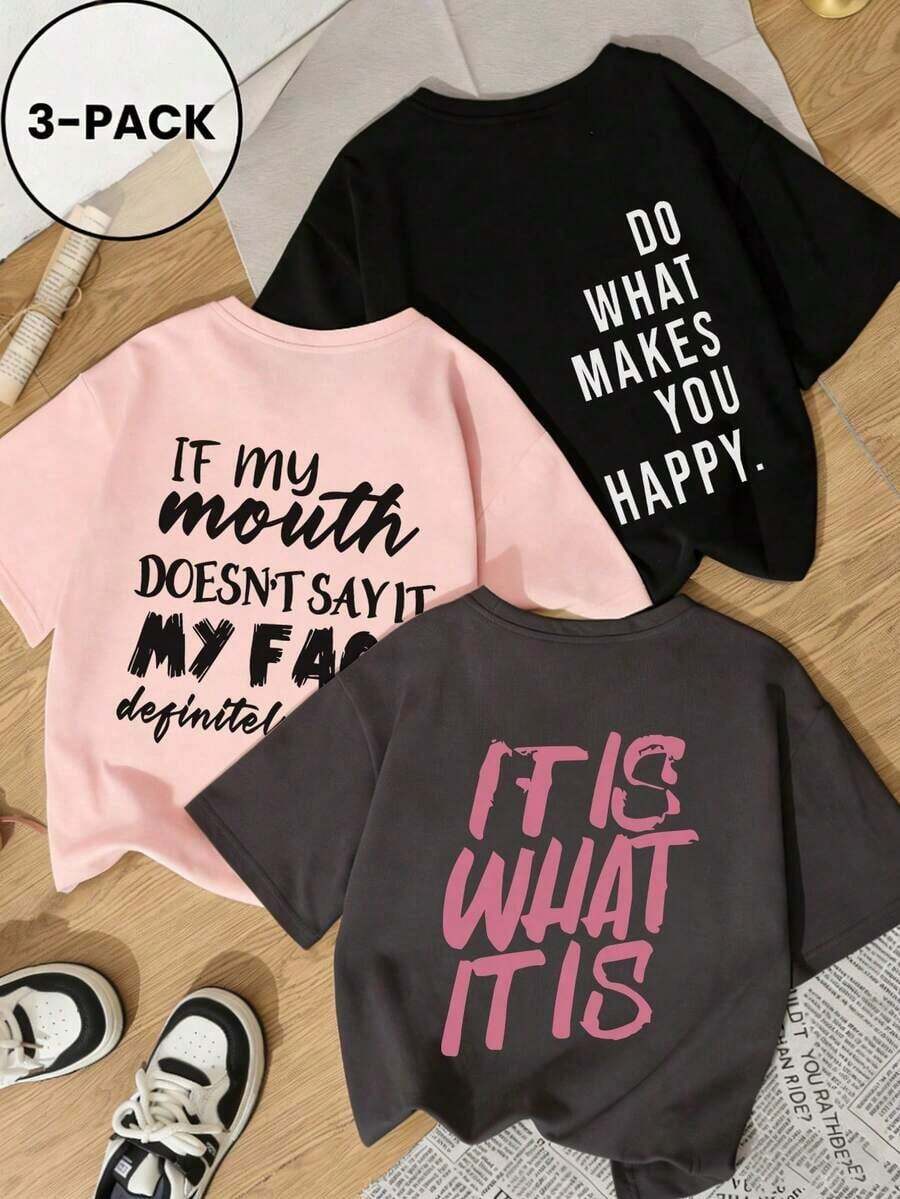 3 piezas Nuevas camisetas de manga corta de mujer con cuello redondo, de corte holgado y con diseño casual y lindo.Prendas de vestir de moda para uso diario y vacaciones.Nuevo conjunto de verano para mujer con estampado gráfico de 3 piezas, de cuello redondo.Adecuado para el Día de San Valentín, el regreso a la escuela, el Día del Maestro y otras festividades.Camisetas casuales de manga corta, suaves, holgadas y cómodas con estampado de letras para uso diario. - Rosa - Ver 1