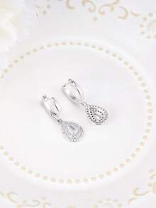 Bông tai bạc 925, mặt dây chuyền hình giọt nước đính đá Cubic Zirconia thanh lịch, thích hợp đeo hàng ngày, quà tặng sinh nhật. - Bạc - Xem 6