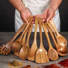 COOKDEVI 10件/1件 天然柚木烹飪餐具，人體工學手柄，不滲透表面，精美廚房禮品 - 耐用且易於清潔，天然柚木紋理，適合日常和特殊場合，廚房用品，耐熱餐具 - 咖啡棕 - 查看 6