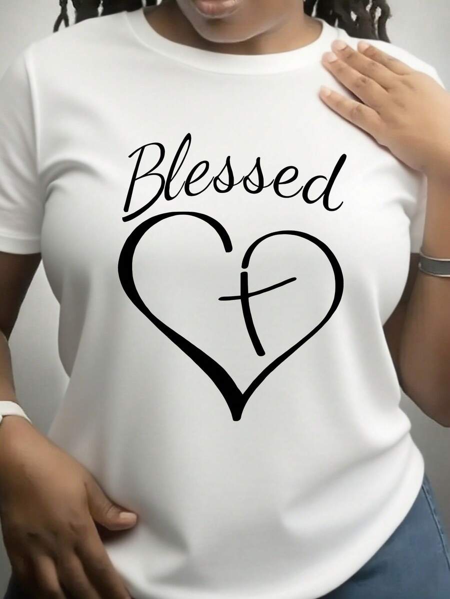 Plus Size, camiseta de tamaño grande - Diversión de la mujer impresa camiseta - Casual de manga corta cuello redondo suelto Top, lavable en máquina Toda la temporada cómodo, duradero impreso, Navidad y el día de San Valentín tema adecuado para varios regalos de vacaciones, local