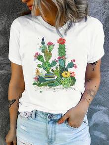 Camiseta de cuello de tripulación casual unisex | Impresión abstracta de cactus y aloe vera, camiseta de manga corta gráfica transpirable con diseño vegetal colorido para la moda de verano | Impresión vibrante, tela elástica media, ajuste regular - Blanco - Ver 2