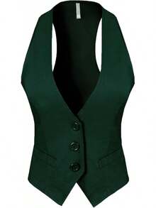 Women's Racerback Tuxedo Vest Slim Fit Stretch Waistcoat Versatile Dressy Casual Sleeveless Layered Outfit - 獵人綠 - 查看 5
