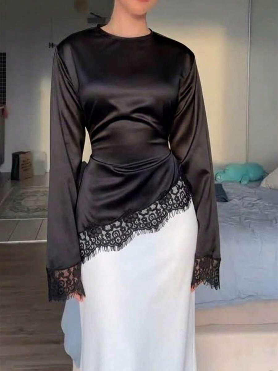 女士优雅通勤缎面衬衫，蕾丝拼接圆领长袖系带上衣，纯色梭织蕾丝拼接不对称/不对称优雅办公日常约会春夏秋季黑色