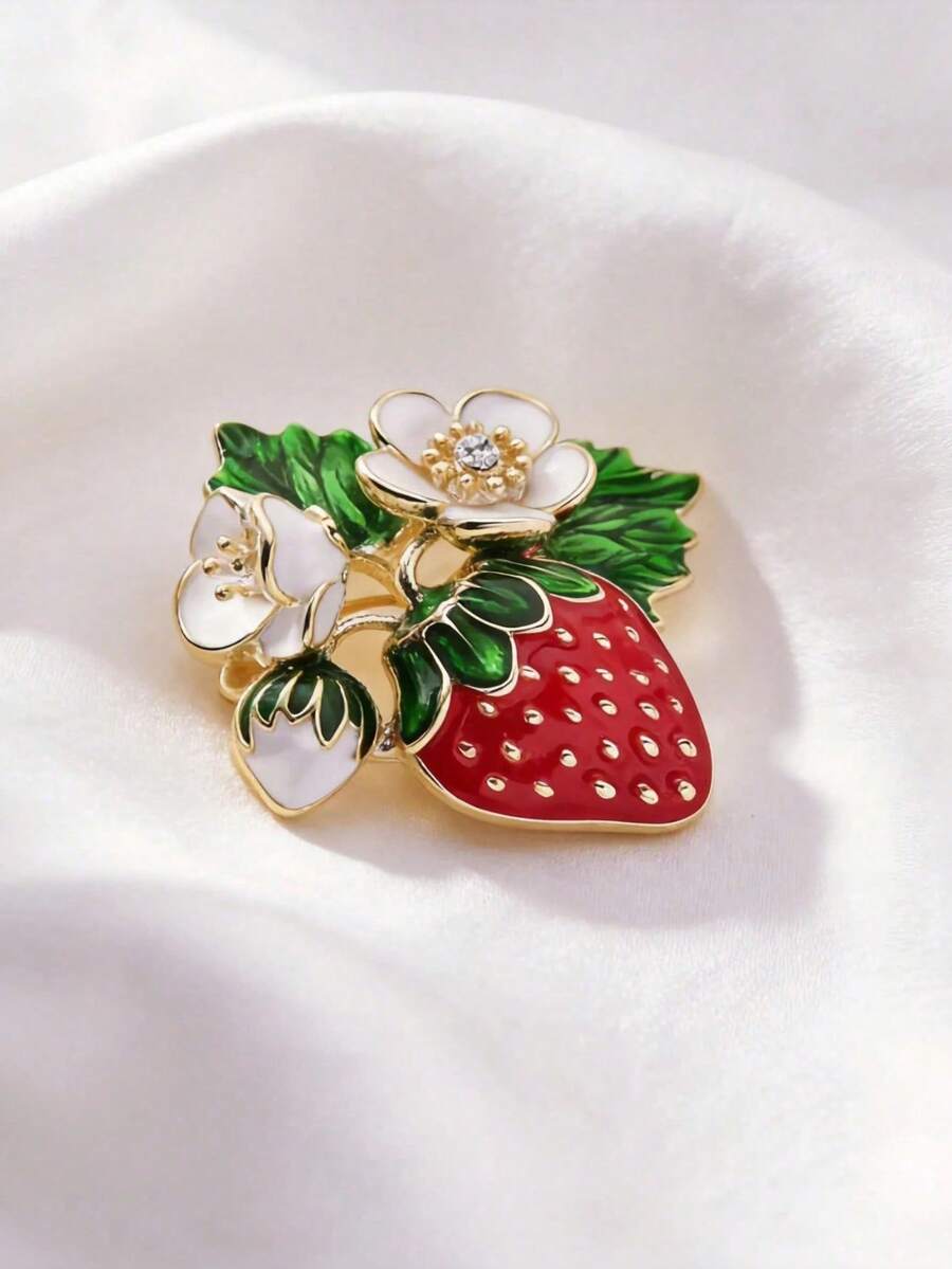 Cute Strawberry & White Flower Brooch, Gold Enamel Rhinestone Pin, Women's Fashion Jewelry, Birthday/Anniversary Gift For Girlfriend/Best Friend - Red - View 1