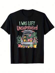 Funny Plant Lover T-Shirt | "I'm Unattended" Pattern Short Sleeve Shirt - Soft And Breathable Crew Neck Top - Black With Green And Pink Design - Regular Fit Casual Wear, Suitable As A Gardening Gift For Indoor Plant Enthusiasts - Machine Washable - 黑色 - 查看 1