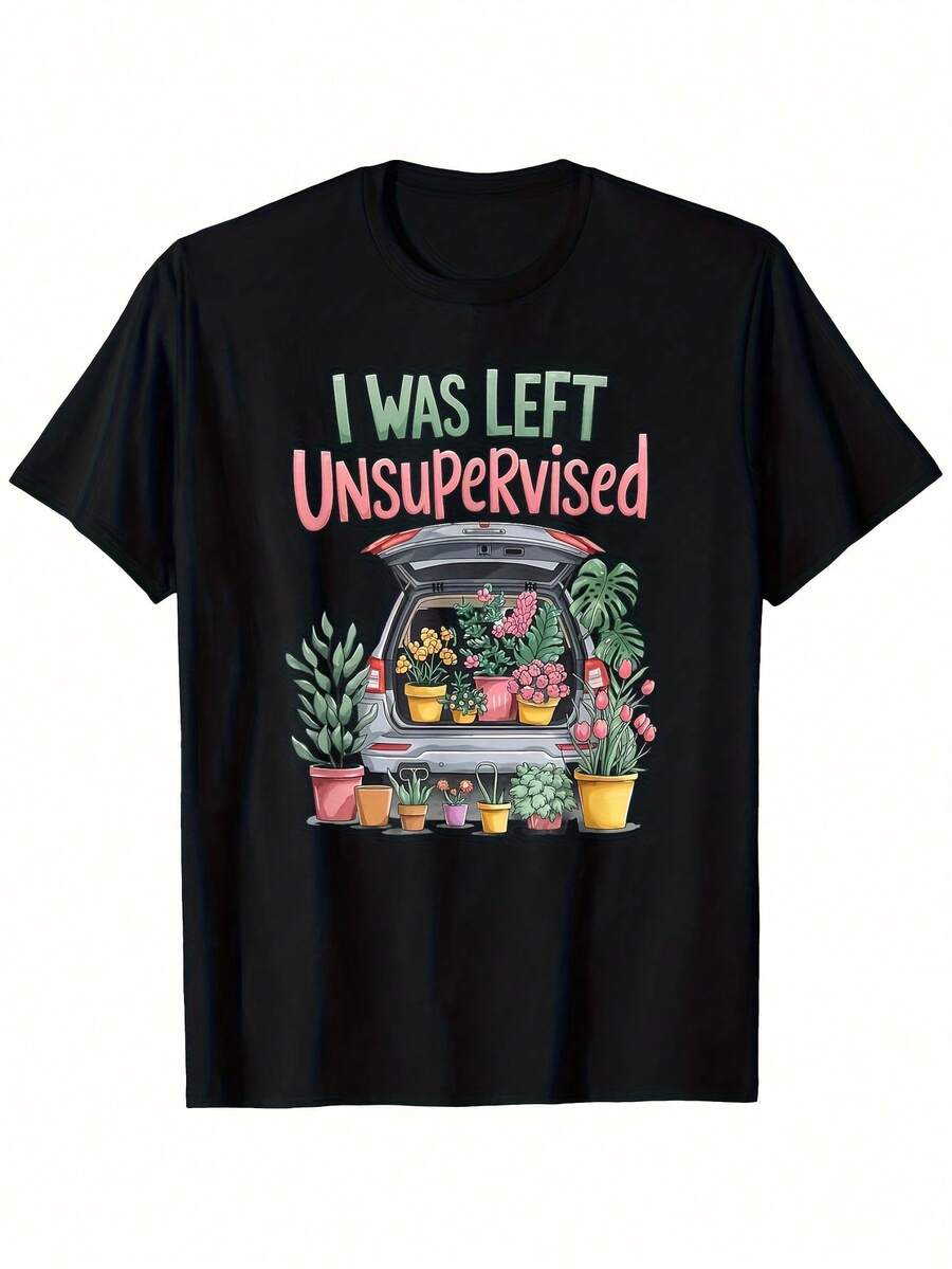 Funny Plant Lover T-Shirt | "I'm Unattended" Pattern Short Sleeve Shirt - Soft And Breathable Crew Neck Top - Black With Green And Pink Design - Regular Fit Casual Wear, Suitable As A Gardening Gift For Indoor Plant Enthusiasts - Machine Washable - 黑色 - 查看 1
