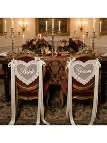 2pcs Lace Bride/Groom Or Married/Newlywed Chair Back Decoration Set, Elegant Transparent Lace Chair Covers With Ribbon, Suitable For Groom And Bride, Newlywed Chair Decor, Suitable For Wedding Ceremony Reception, Proposal Anniversary Party Decoration - View 4
