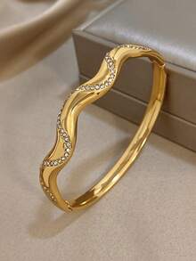 1 pièce Bracelet en acier inoxydable plaqué or 18K, forme demi-vague incrustée de zircone, bracelet pour filles, bijoux en acier inoxydable, bijoux de designer, convient pour le port quotidien/fête, accessoires d'été, accessoires de plage pour filles, Pâques, cadeaux pour la fête des mères, cadeaux d'anniversaire, cadeaux pour petite amie, bijoux bohèmes - Multicolore - Voir 6