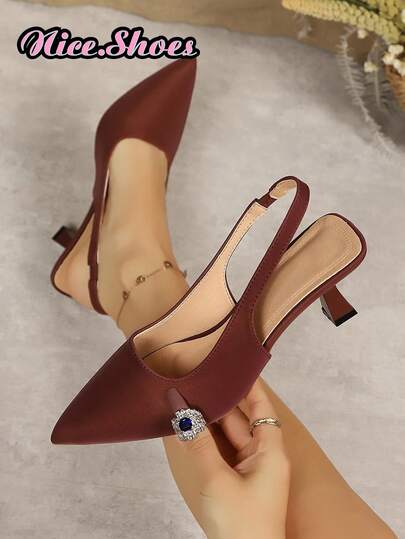 Giày sandal cao gót mũi nhọn quai hậu kiểu dáng mới mùa hè, thanh lịch, đa năng, phù hợp cho công sở và sinh hoạt hàng ngày, màu kaki/be/đỏ rượu/đen.