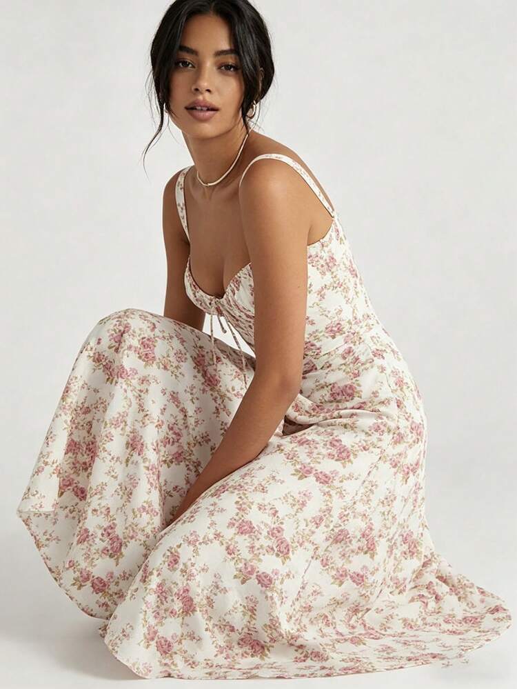 2026 Spring New Women's Clothing: Cross-Border European And American Dress, Elegant Floral Print Long Dress With Slit And Tie - 白底紅印花 - 查看 9