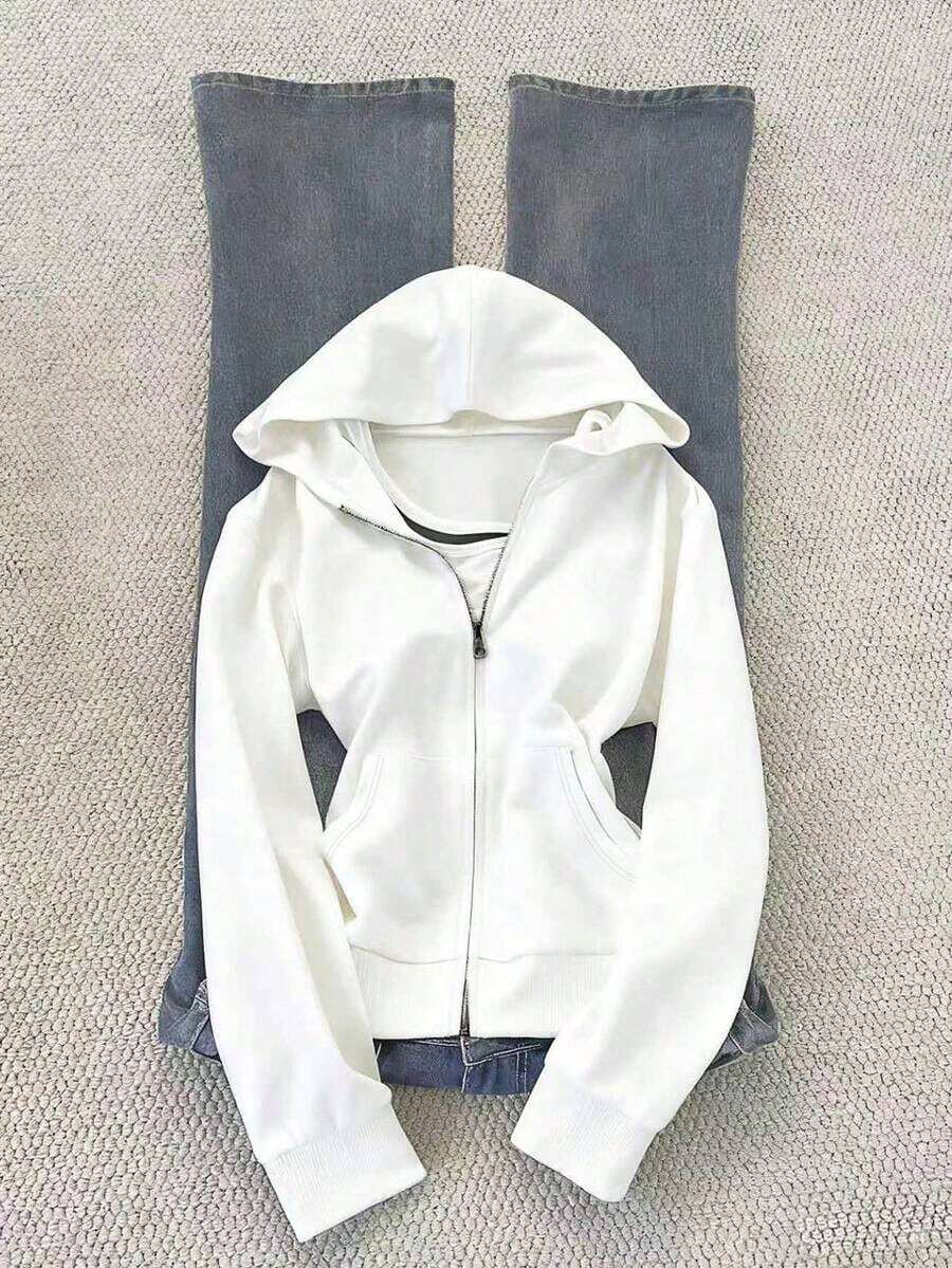 Sudadera con capucha y cremallera para mujer, color negro sólido, manga larga, bolsillo canguro, puños y dobladillo elásticos, estilo casual y deportivo, ideal para todo el año, uso diario, actividades al aire libre, gimnasio, escuela, combinaciones con jeans, leggings y pantalones deportivos - Blanco - Ver 1