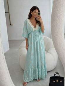 MIA BRAZIL Beige Boho Chic Long Dress With Gold Embroidery And V-Neck - 00620A - 藍色 - 查看 1