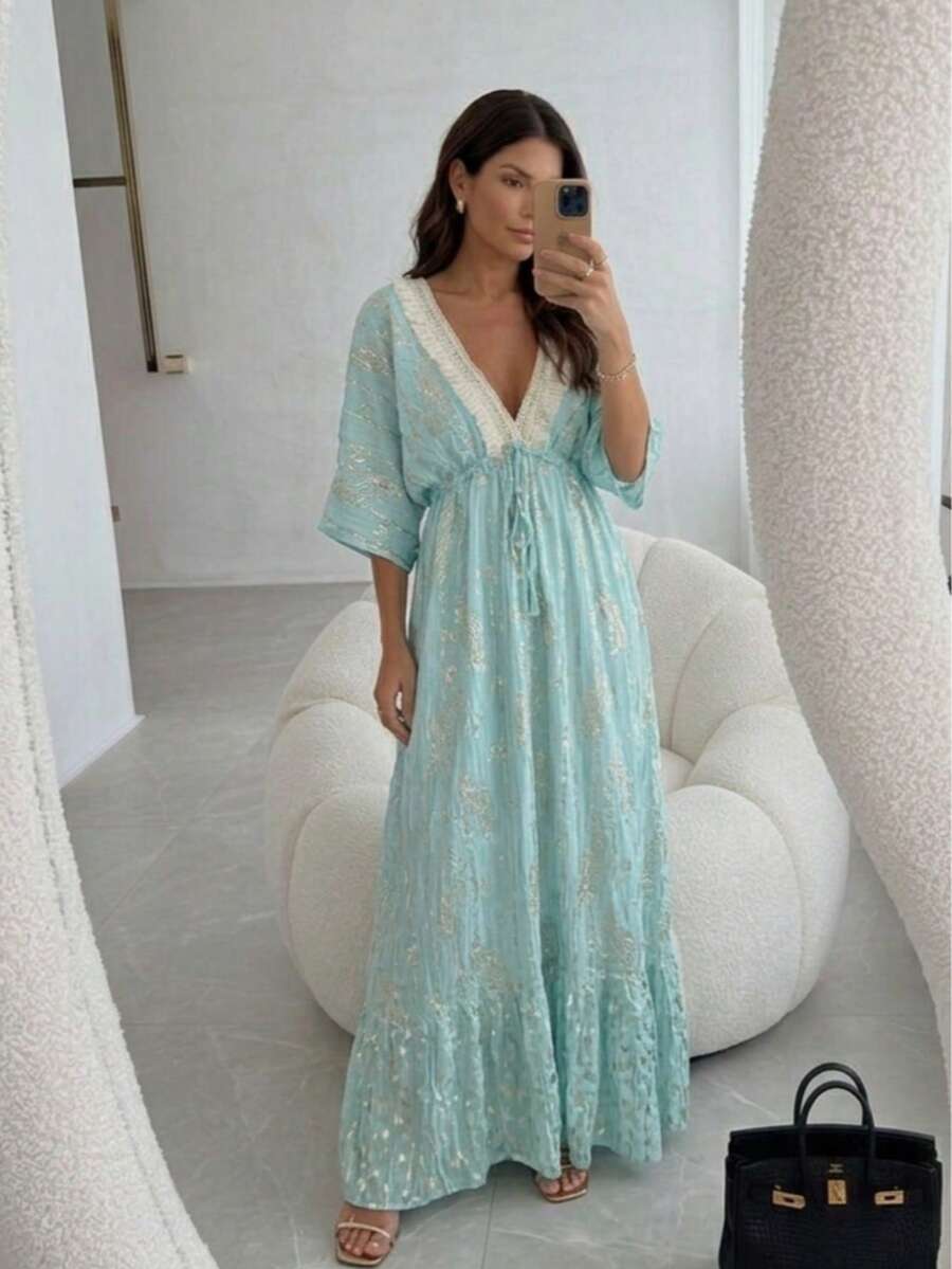 MIA BRAZIL Beige Boho Chic Long Dress With Gold Embroidery And V-Neck - 00620A - 藍色 - 查看 1