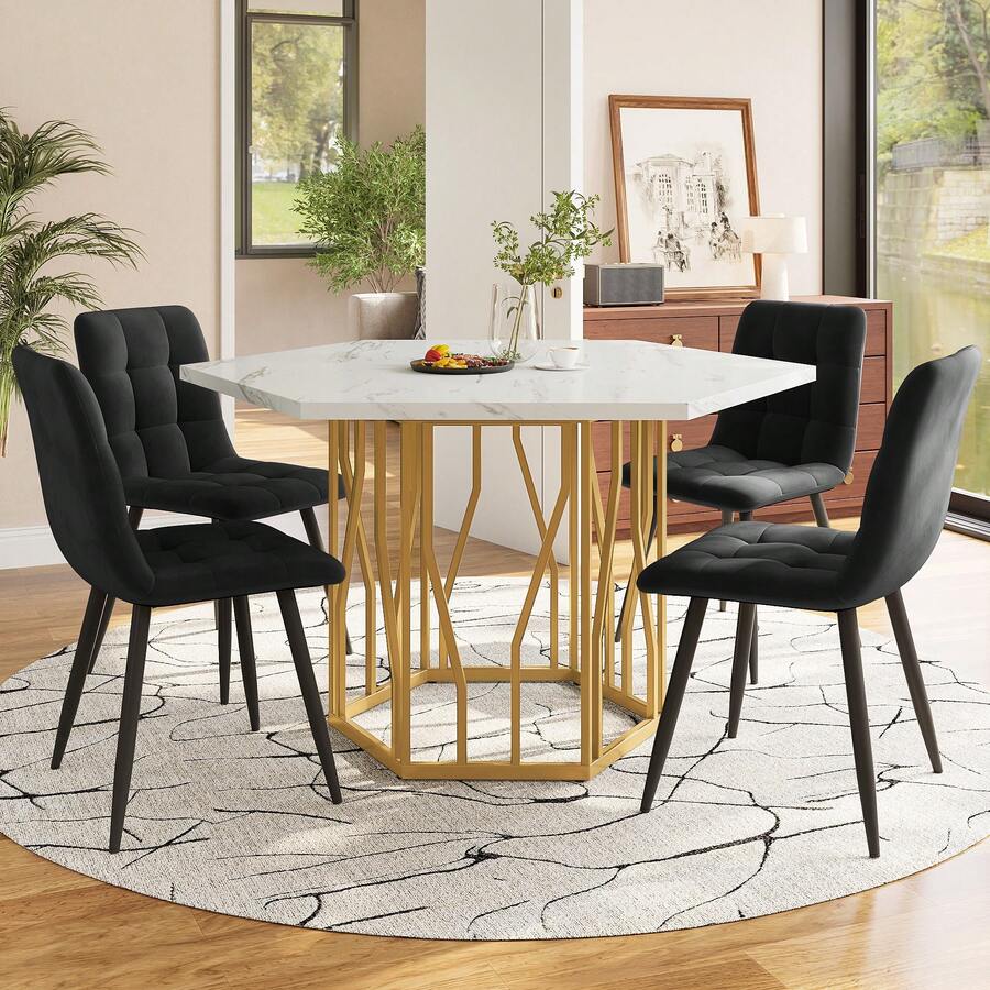 Dining Room Table And Chairs Set (5 Pieces), Modern Hexagonal Marble Table + 4 Black Velvet Chairs To Create A Warm And Contemporary Atmosphere, Gold Table Legs - White + Gold + Black - View 1