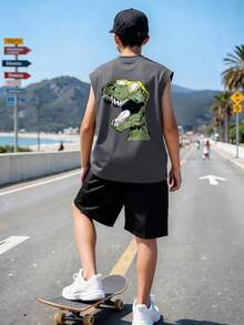 Boys' Dinosaur Print Sleeveless Tank Top And Shorts Set, Casual And Comfortable Summer Outfit - Multicolor - View 1