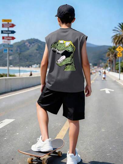 Boys' Dinosaur Print Sleeveless Tank Top And Shorts Set, Casual And Comfortable Summer Outfit