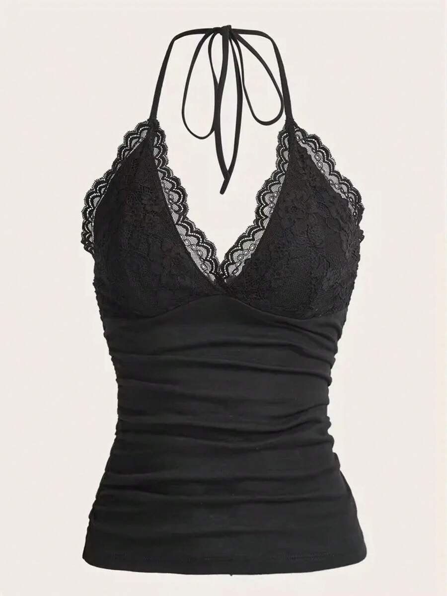 Goth Grunge Punk negro encaje Patchwork Halter Top mujeres verano sólido acanalado espalda descubierta sin mangas camiseta sin mangas ropa de calle Y2K ropa - Negro - Ver 1