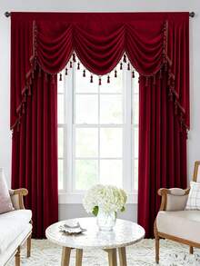 1pc Luxury Tassel Fringed European Style Wave Curtain, Decorative Drape For Bedroom Or Living Room - Burgundy - View 6