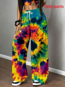 Colorful Tie Dye Wide Leg Pants With Drawstring Waistband For Women Suitable For Casual And Sports Activities - 白色 - 查看 3