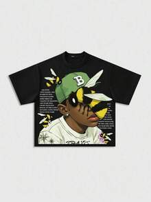 ROMWE MEN Anime Men's Short Style Drop Shoulder Print T-Shirt - 黑色 - 查看 12