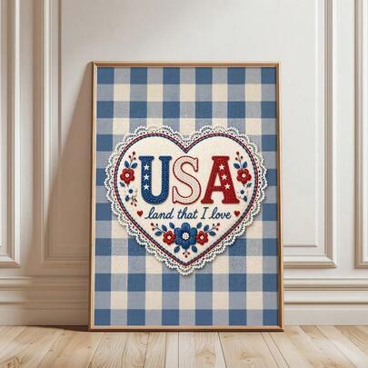 1pc Framed/Unframed USA Land That I Love Patriotic Quote Canvas Poster 4th Of July Independence Day Cottagecore Wall Art Print Blue Gingham Embroidered Style Painting For Apartment,Living Room,Minimalist Modern Home Decoration