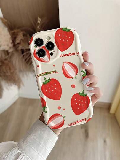 Ốp điện thoại in hình dâu tây, chất liệu kem, viền lượn sóng, bề mặt bóng, chống rơi, tương thích với iPhone 17pro/17Air/17/17promax/16/11/16pro/16plus/16promax/16e/15Promax/13/14/12/XS/XR/7G/8P, và Galaxy.