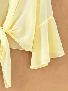 Casual Solid Color Chiffon Front Tie Bow Blouse, Flare Sleeve, Suitable For Vacation & Daily Wear, Summer - Light Yellow - View 4