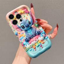 Disney Lilo & Stitch Phone Case, Cute Fuzzy Stitch Sitting On A Fluffy Cloud, Whimsical Rainbow Drip Candy Background With Balloons And Hearts, Personalized Name Style, Protective Cover For IPhone 17, 16, 15, 14, 13, 12, 11 Pro Models, Ideal Gift For Birthdays, Holidays, Family, Friends And All Special Occasions - trắng - Xem 1