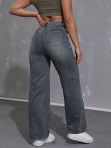 Pantalones vaqueros anchos sueltos y versátiles de mujer con diseño de bolsillos - Azul lavado oscuro - Ver 2