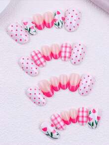 24pcs/Set Short Oval-Shaped Nail Stickers, Cute Spring/Summer Nail Art Design With Pink Polka Dots, Plaid Patterns, And Floral Prints On White Base, Vibrant And Sweet Style Suitable For Daily, Party And Other Occasions, Includes 1pc Jelly Gel And 1pc Nail File - Multicolor - View 3