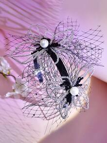 1pc Handmade Beaded Black Mesh Headband, Elegant Luxury Bridal Hair Accessory, Fashion Wedding Party Photography Decoration,Festival,Birthday - Black - View 3